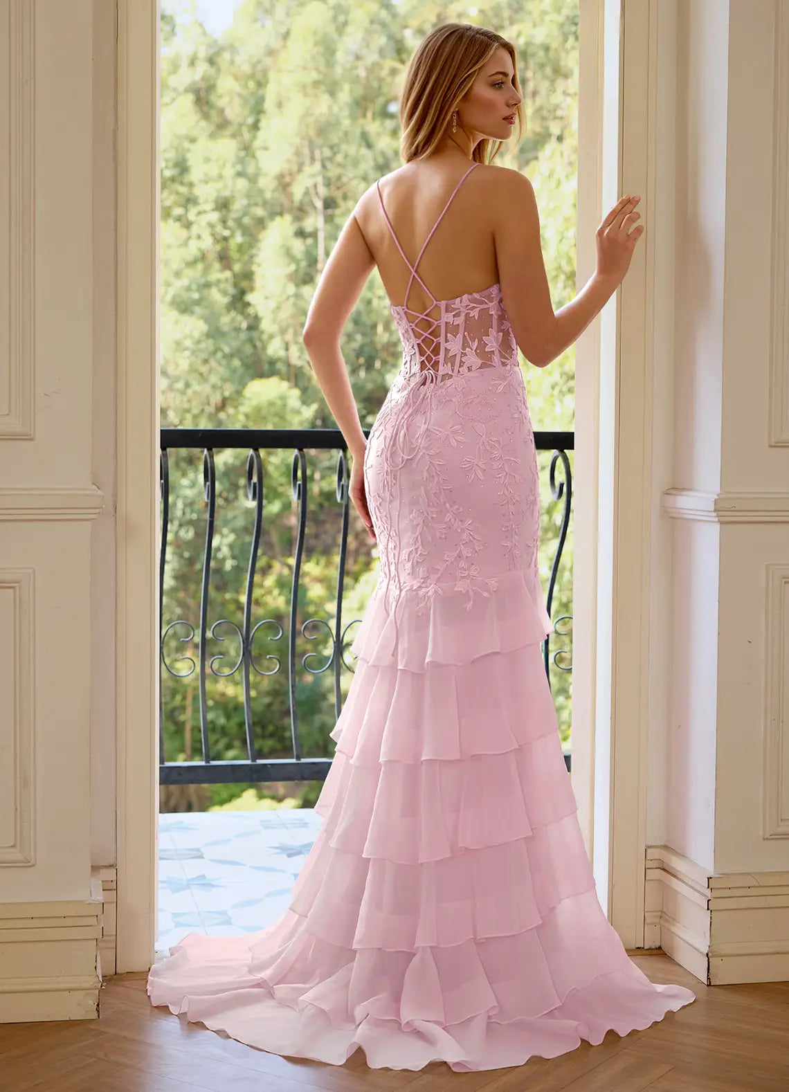 Blush Pink Lace Appliqué Tiered Ruffle Mermaid Prom Dresses