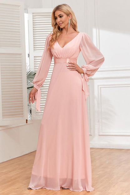 A-Line Chiffon V-Neck Mother of the Bride Dress with Long Sleeves