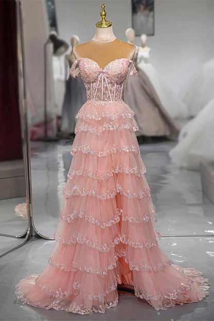 Blush Ruffled Off the Shoulder Princess Long Prom Dress