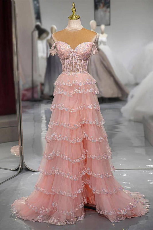 Blush Ruffled Off the Shoulder Princess Long Prom Dress