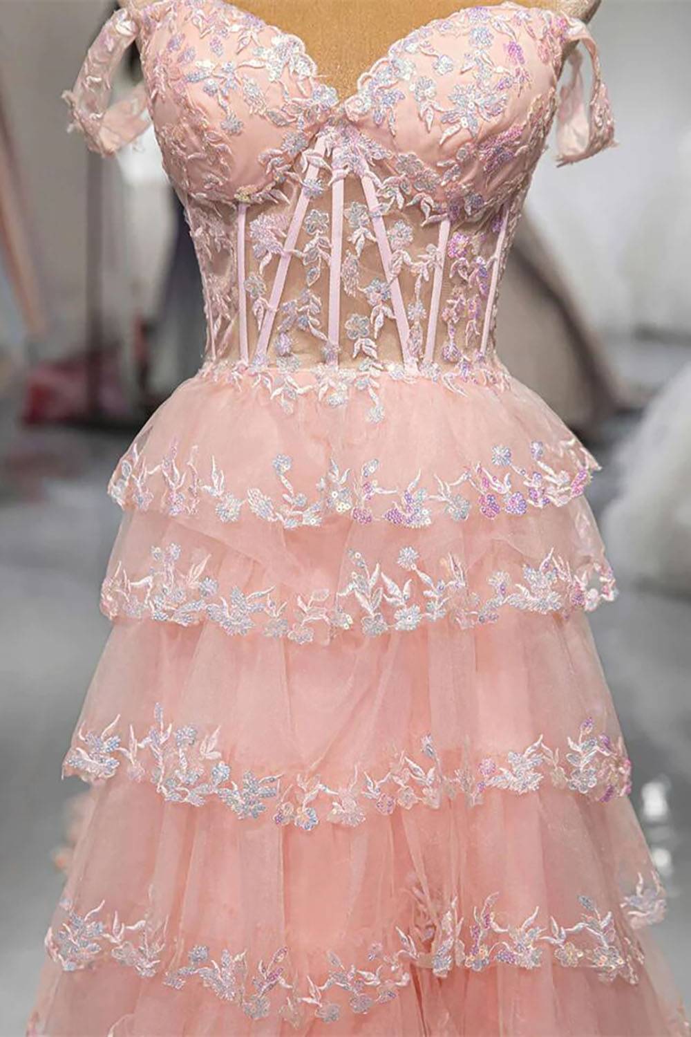 Blush Ruffled Off the Shoulder Princess Long Prom Dress