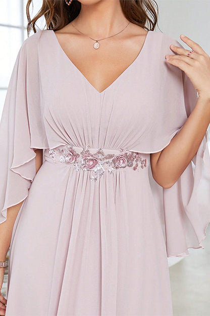 A Line Chiffon Long Wedding Mother of the Bride Dresses With Short Sleeves