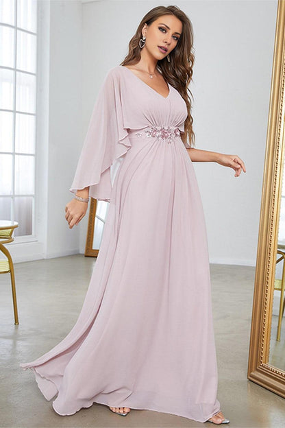 A Line Chiffon Long Wedding Mother of the Bride Dresses With Short Sleeves