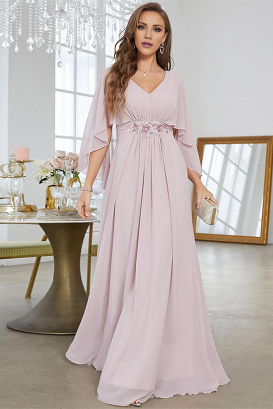 A Line Chiffon Long Wedding Mother of the Bride Dresses With Short Sleeves