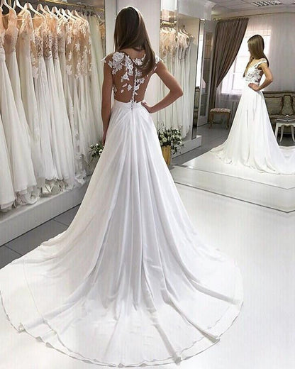 Boho Chic Lace Appliques Long Chiffon Beach Wedding Dresses