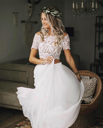 Boho Chic Lace Crop Chiffon Wedding Dresses Two Piece