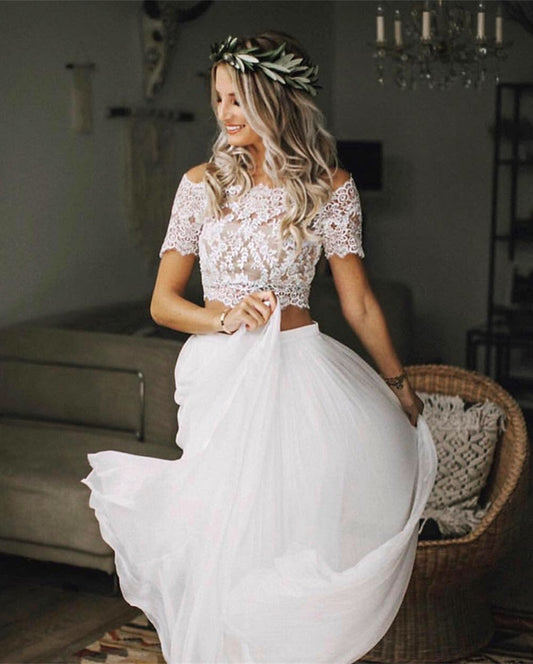 Boho Chic Lace Crop Chiffon Wedding Dresses Two Piece
