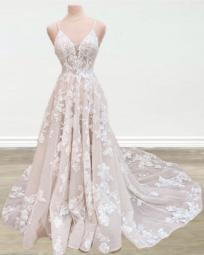 Boho Wedding Dress V Neck Lace Embroidery