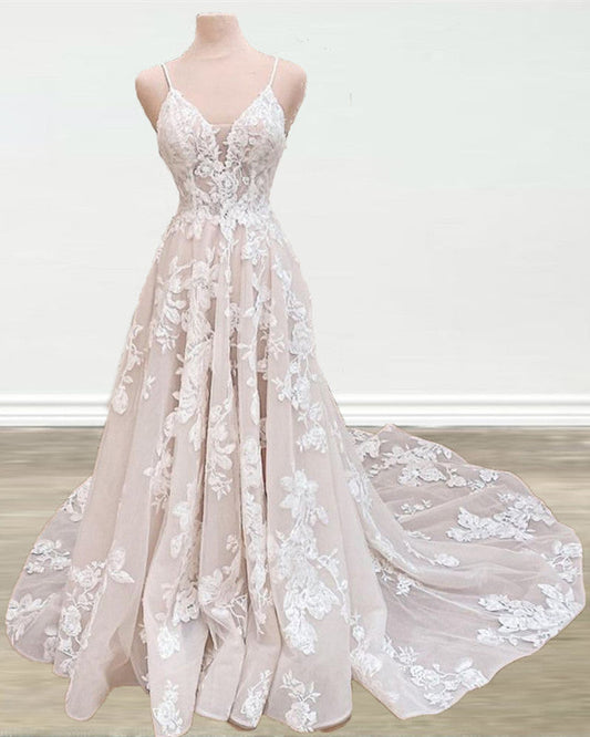 Boho Wedding Dress V Neck Lace Embroidery