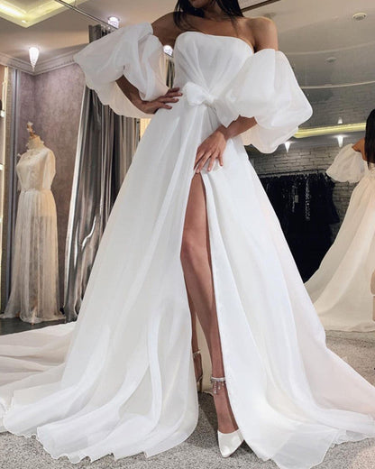 Tulle Boho Wedding Dresses Puffy Sleeves