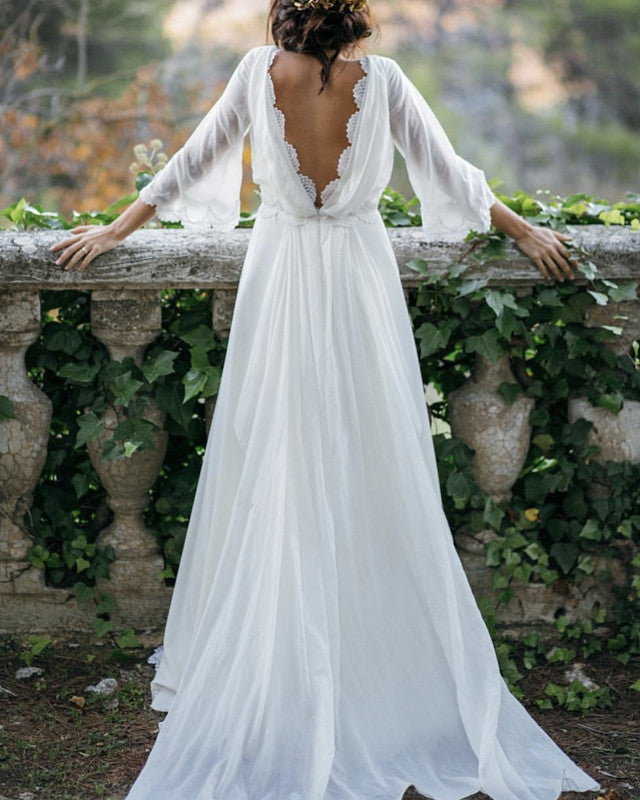 Puffy Sleeves Boho Wedding Dresses Open Back