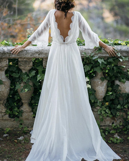 Puffy Sleeves Boho Wedding Dresses Open Back