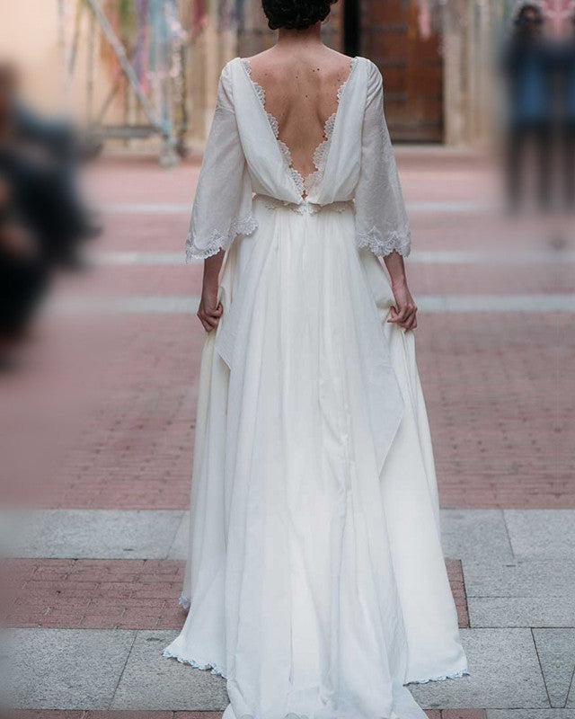 Puffy Sleeves Boho Wedding Dresses Open Back