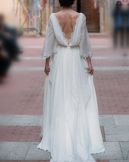 Puffy Sleeves Boho Wedding Dresses Open Back