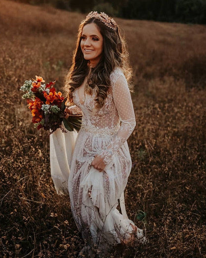 Long Sleeves Boho Wedding Dresses Lace Backless