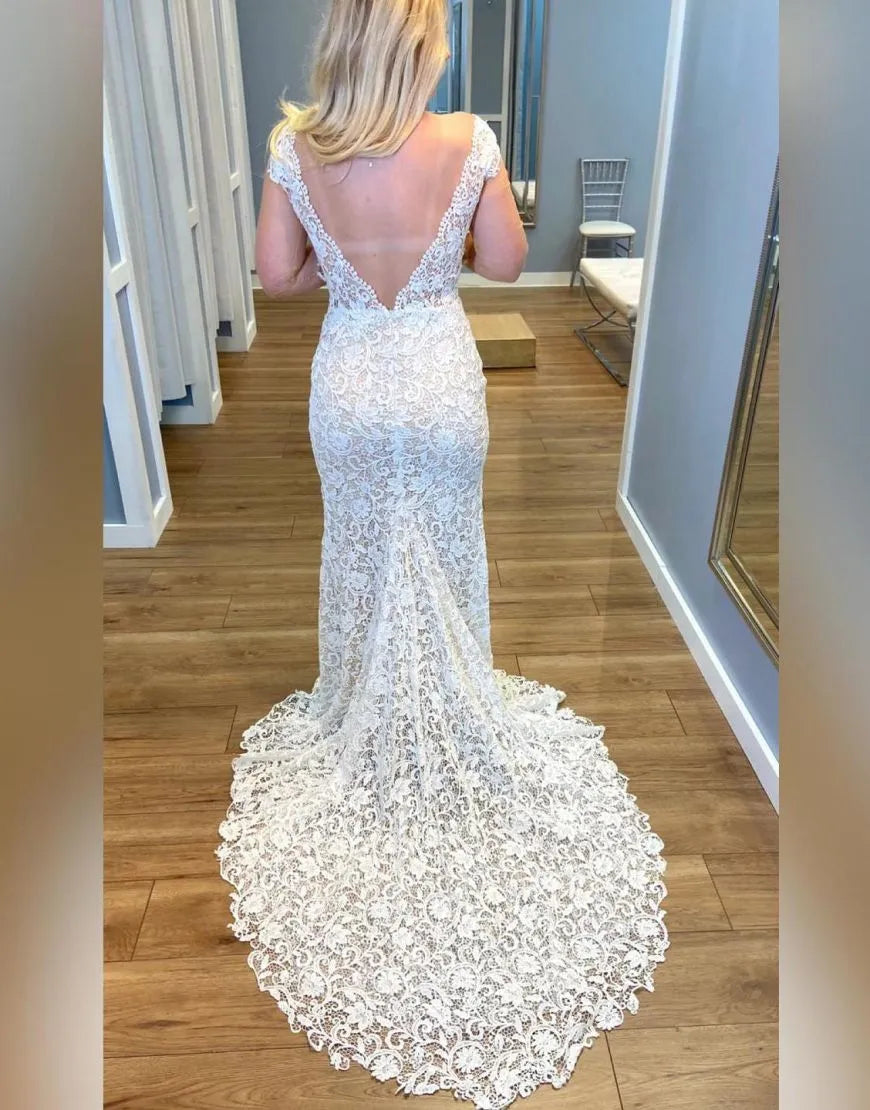 Aimishang Wedding Dress Boho Mermaid V-Back Court Train Lace
