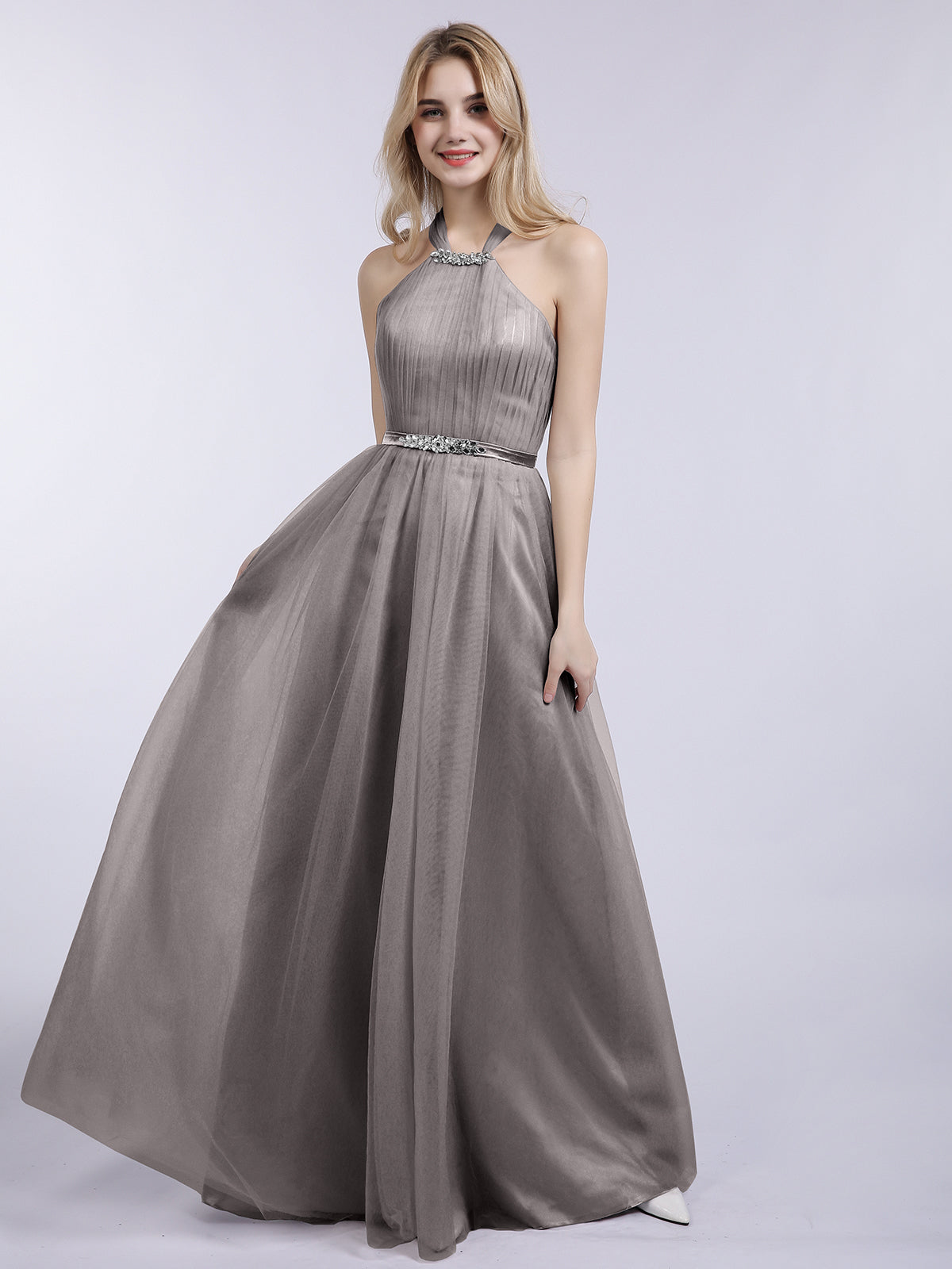 Halter Tulle with Beaded Long Dress Silver