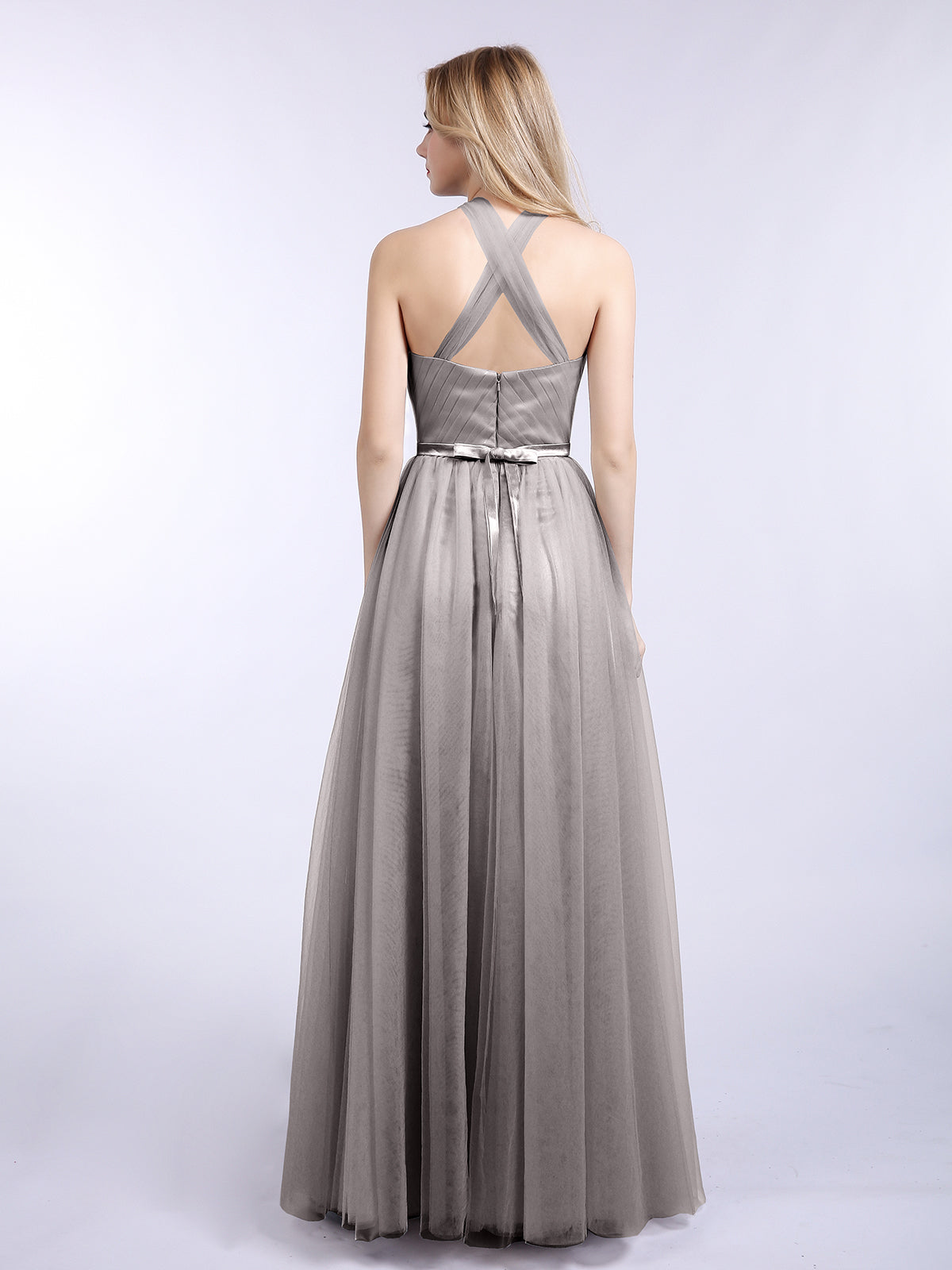 Halter Tulle with Beaded Long Dress Silver