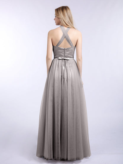 Halter Tulle with Beaded Long Dress Silver