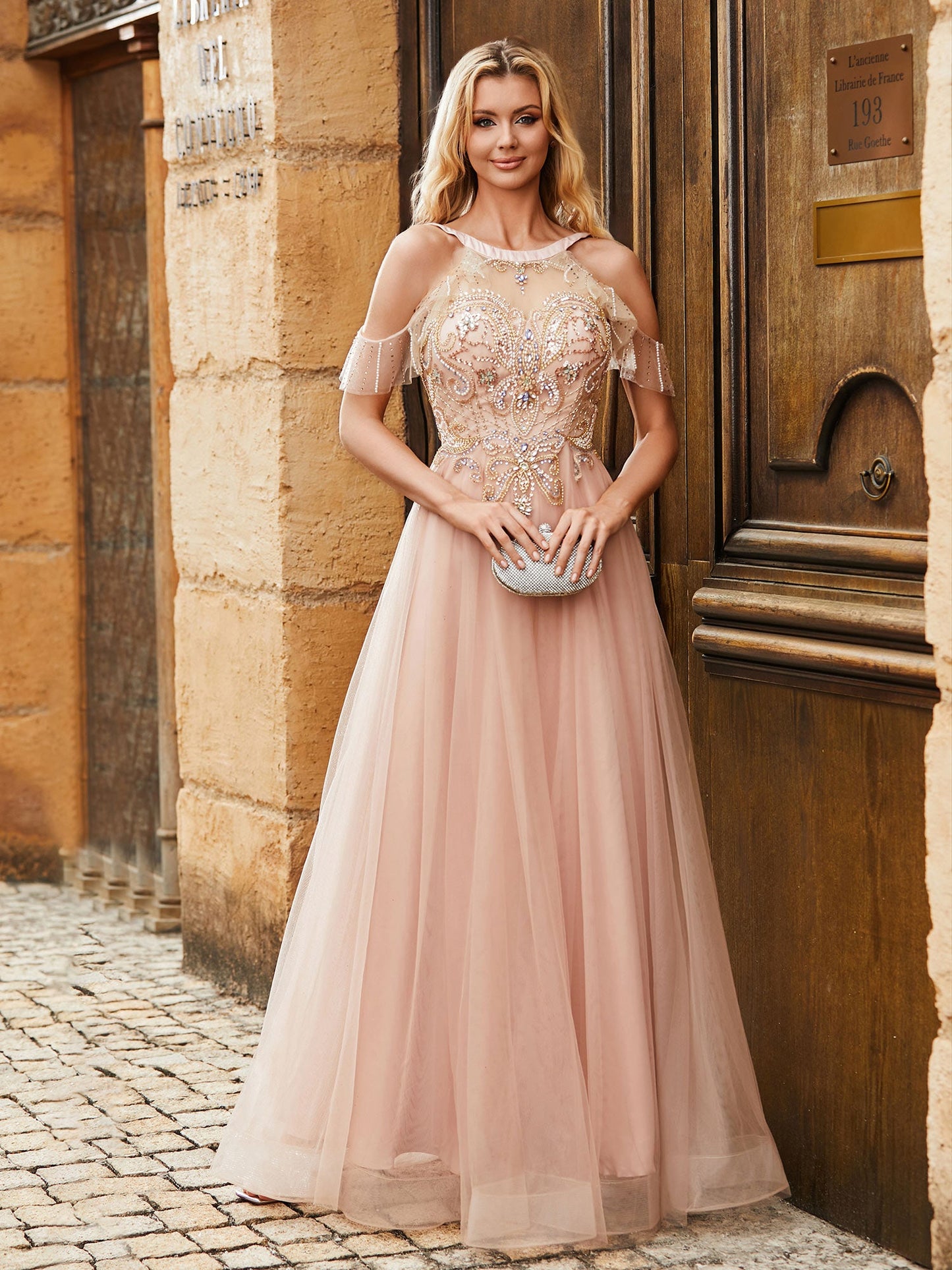A-line Beads Rhinestones Decor Tulle Dress Pearl Pink