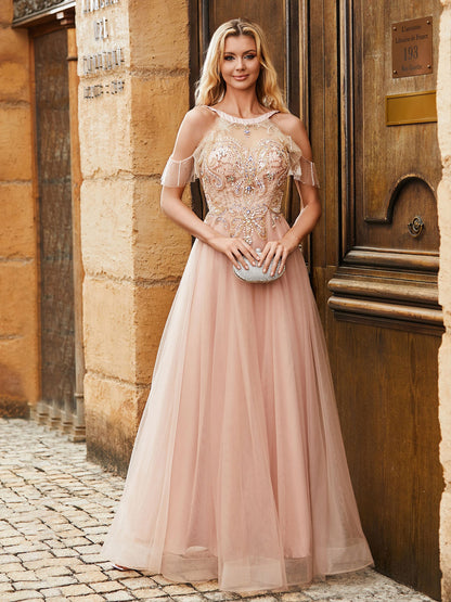 A-line Beads Rhinestones Decor Tulle Dress Pearl Pink
