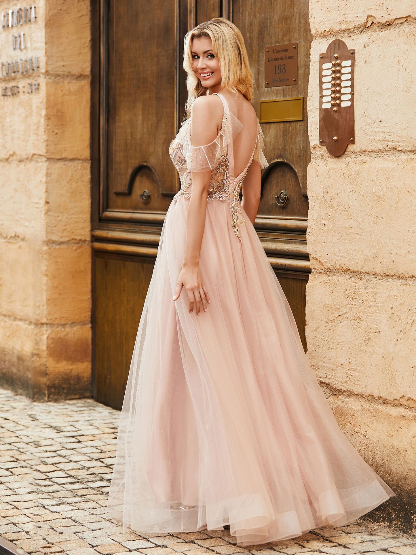 A-line Beads Rhinestones Decor Tulle Dress Pearl Pink