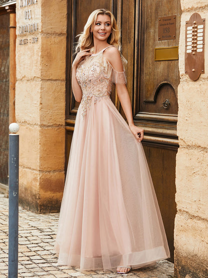 A-line Beads Rhinestones Decor Tulle Dress Pearl Pink