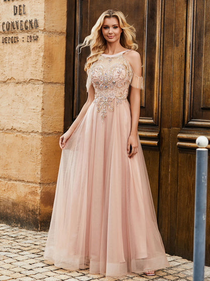 A-line Beads Rhinestones Decor Tulle Dress Pearl Pink