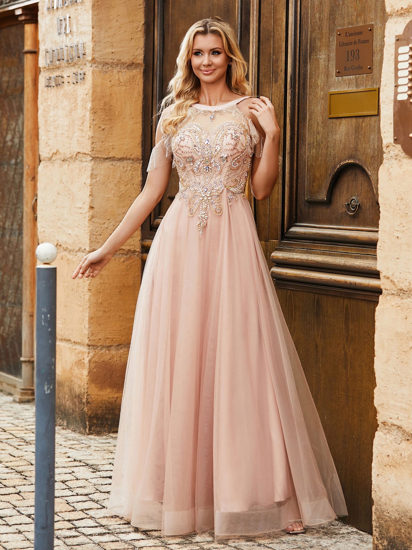 A-line Beads Rhinestones Decor Tulle Dress Pearl Pink