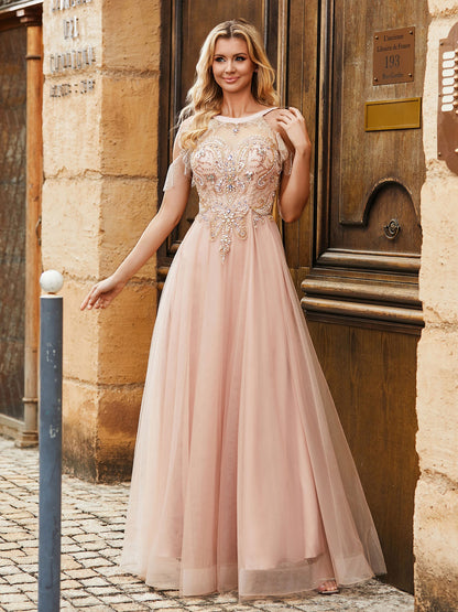 A-line Beads Rhinestones Decor Tulle Dress Pearl Pink