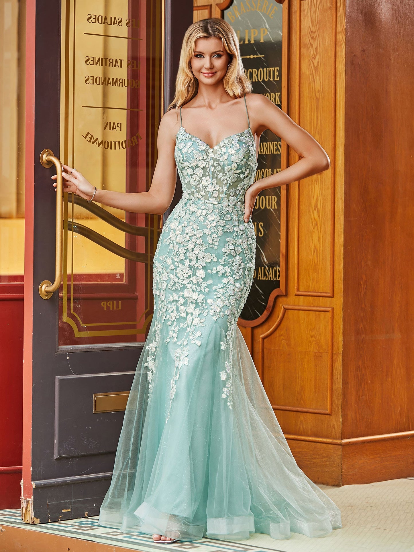 Illusion Lace Corset Top Mermaid Dress Teal