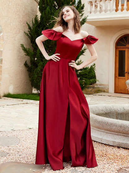 Off the Shoulder Satin Bridesmaid Gown With Pocket Burgundy
