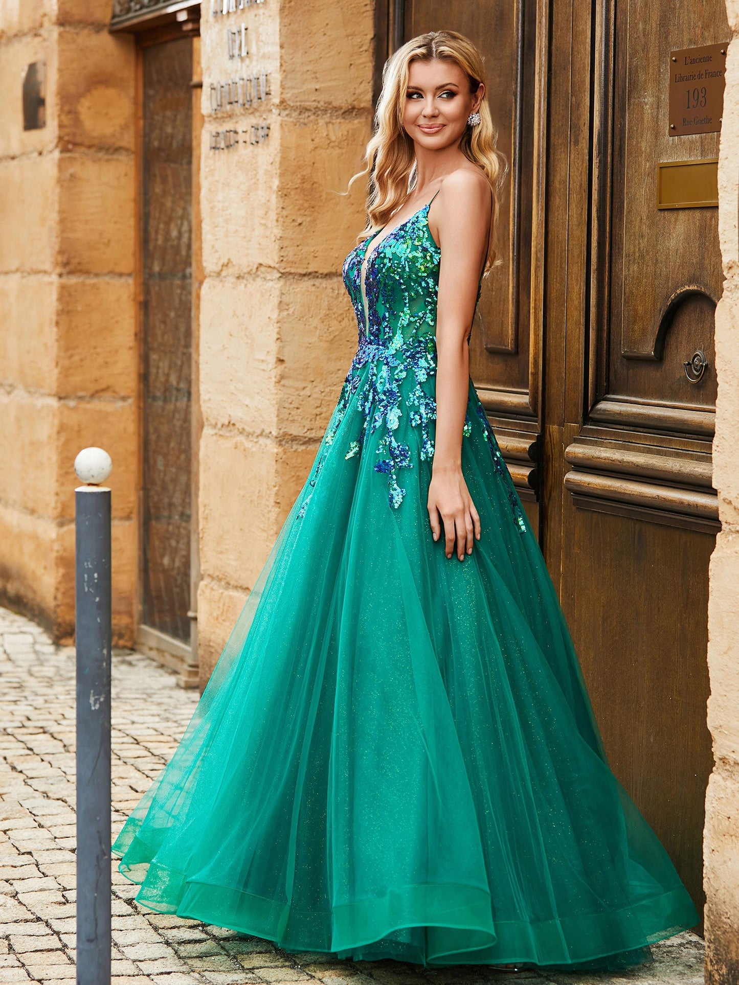 Sequins Bodice Plunging V-neck Sweep Train Tulle Dress Peacock
