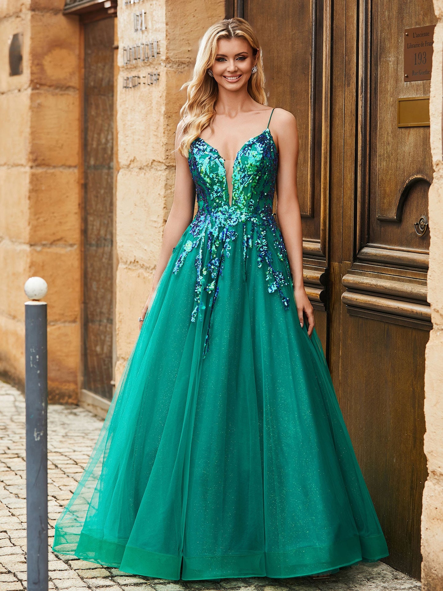 Sequins Bodice Plunging V-neck Sweep Train Tulle Dress Peacock
