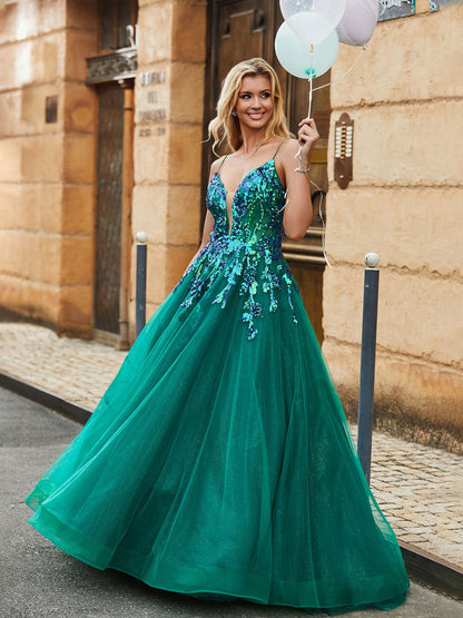 Sequins Bodice Plunging V-neck Sweep Train Tulle Dress Peacock