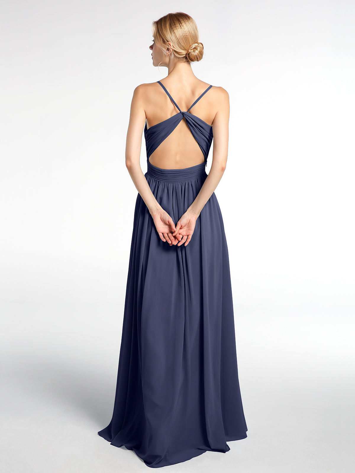 Criss Cross Open Back Chiffon Gown with Spaghetti Strap Stormy
