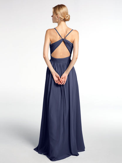 Criss Cross Open Back Chiffon Gown with Spaghetti Strap Stormy