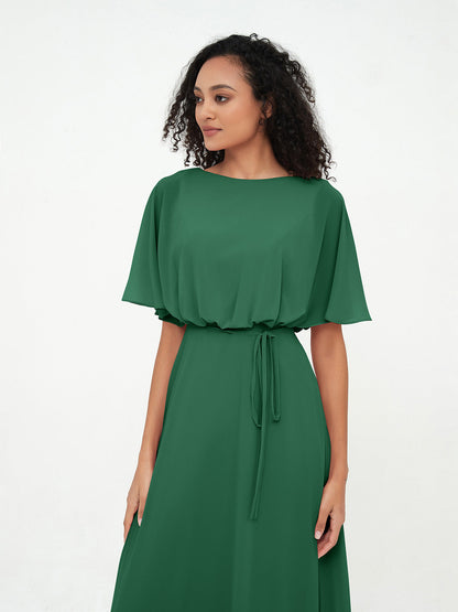 Chiffon Full Length Bridesmaid Dresses with Wrap Dark Green