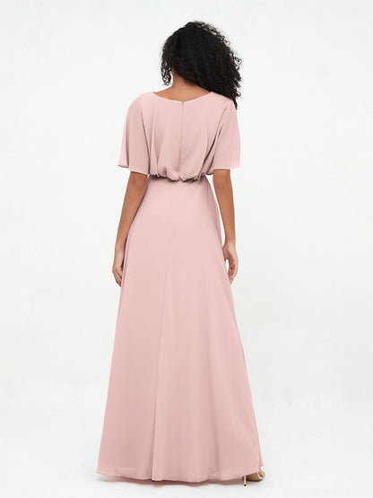 Chiffon Full Length Bridesmaid Dresses with Wrap Dusty Rose
