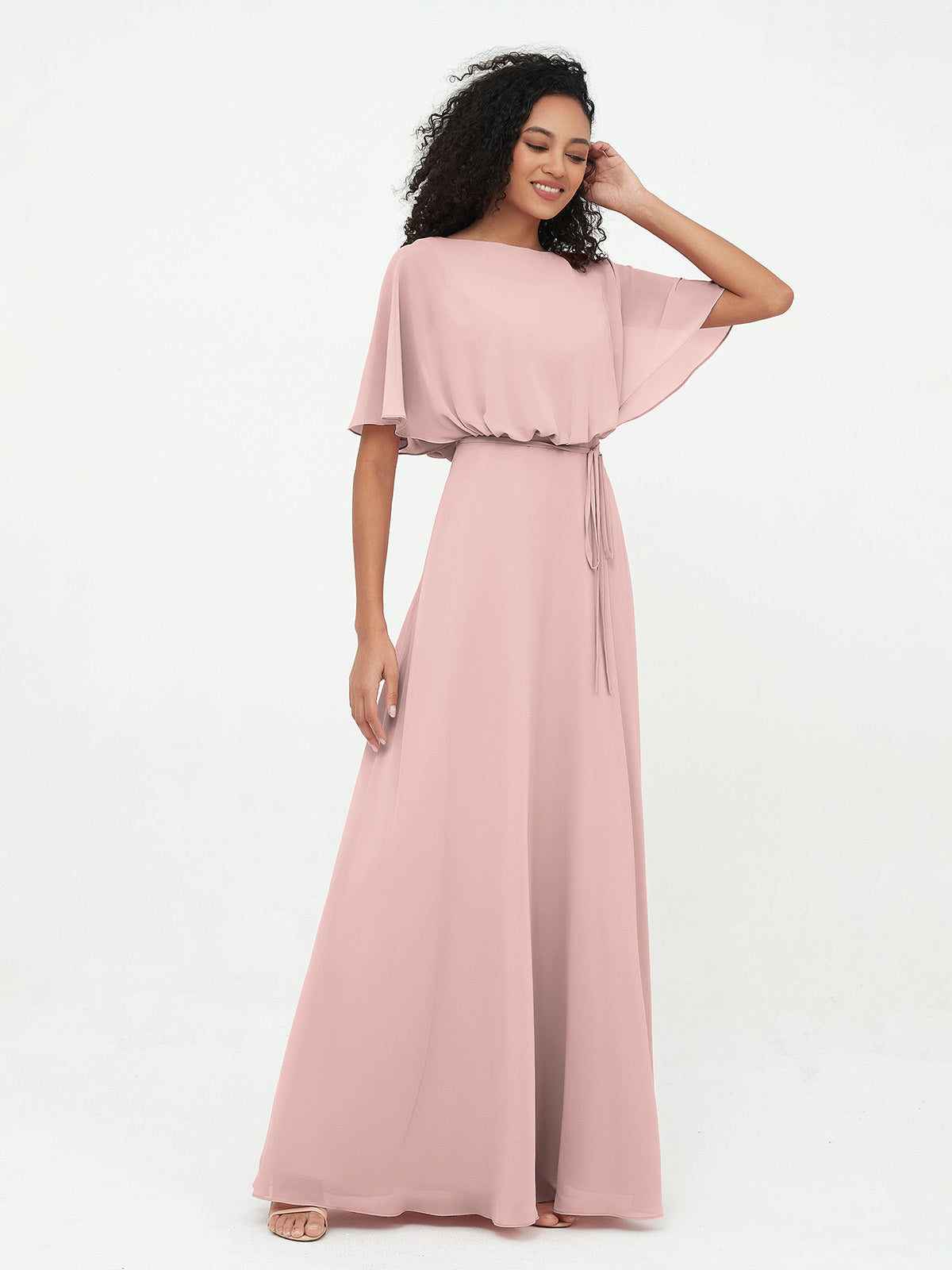 Chiffon Full Length Bridesmaid Dresses with Wrap Dusty Rose
