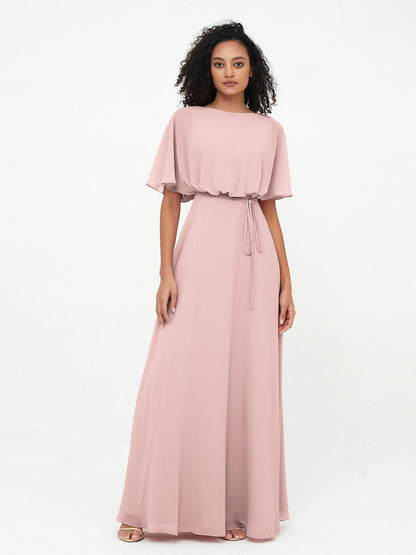 Chiffon Full Length Bridesmaid Dresses with Wrap Dusty Rose