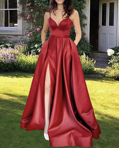 Burgundy Spaghetti Strap Satin Slit Dress