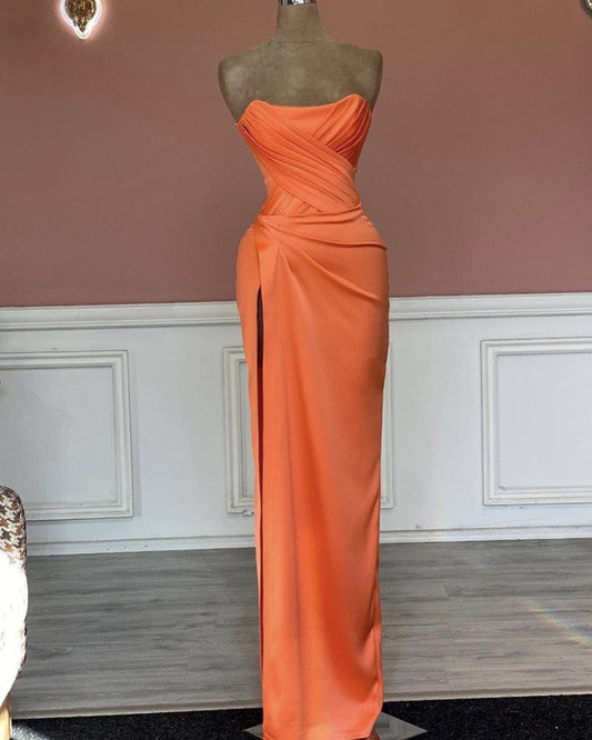 Mermaid Orange Satin Strapless Split Gown