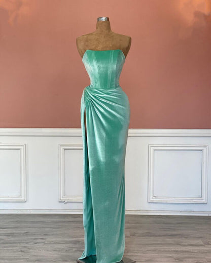 Mermaid Velvet Strapless High Slit Dress