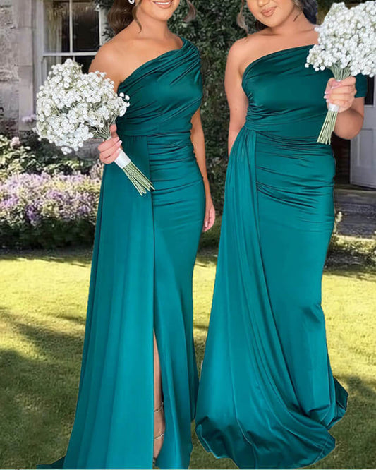 Mermaid Teal Satin One Shoulder Split Dress