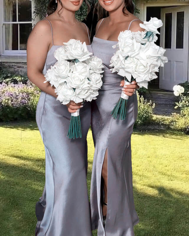 Long Silver Sheath Split Bridesmaid Dress