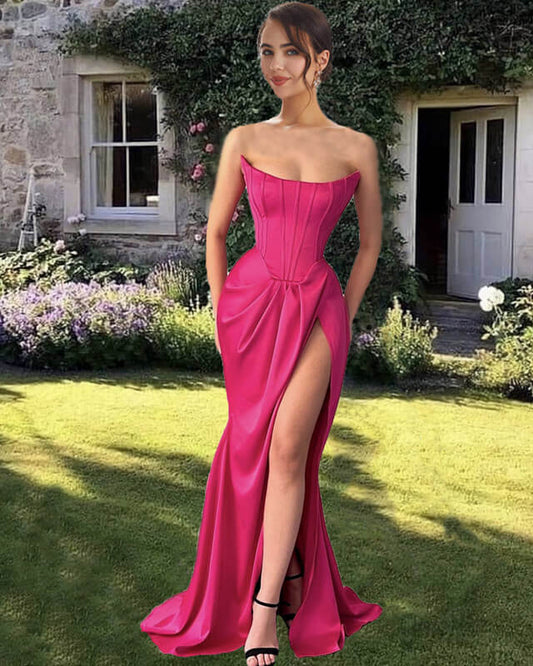 Mermaid Hot Pink Satin Strapless Slit Dress