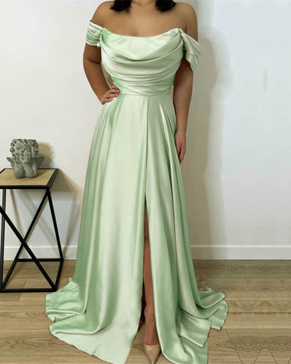Long Cowl Neck Off Shoulder Satin Split Dress
