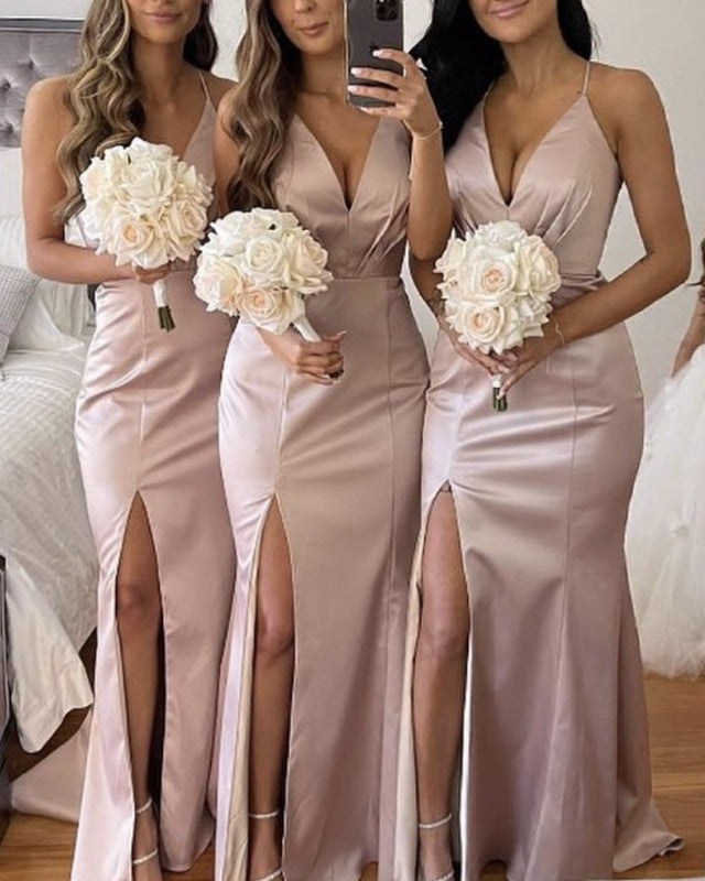 Mermaid V Neck Split Bridesmaid Dresses