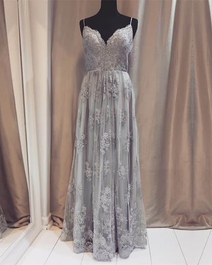 Long Silver Tulle Bridesmaid Dresses Lace Appliques
